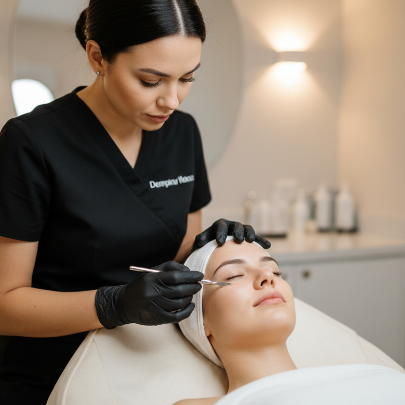 a girl getting a demaplaning Facial from a nurse in all black scrubs