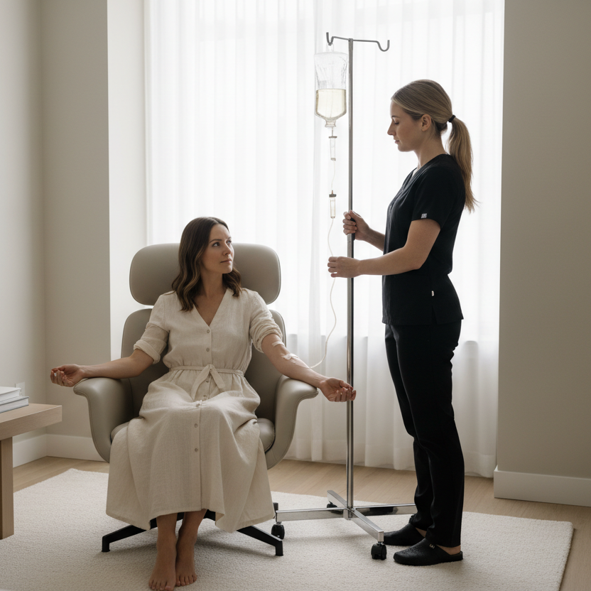 a girl getting a wellness Meyers IV drip by a nurse in all black scrubs in a nude office no logos