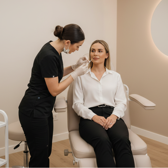 a women getting a lip flip in a nude office from a nurse wearing all black scubs