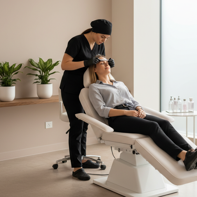 a women getting her eyebrows shaped, by a nurse in all black scrubs in a nude office