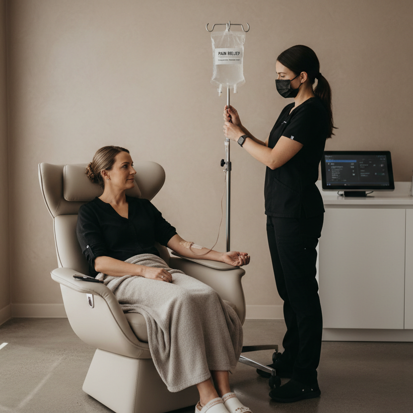 Girl Getting a IV Drip that says Pain relief with little letters saying magnesium, toreador and B12 being given by a nurse in all black scrubs in a nude office. 