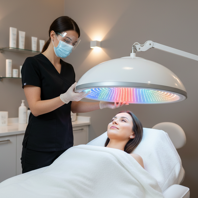 girl getting a LED Light Therapy Facial by a nurse in all black scrubs