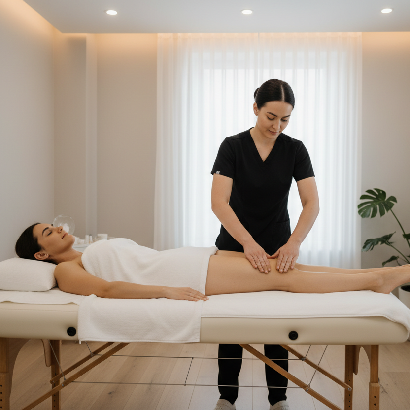 girl getting a lymphatic massage by a nurse in all black scrubs