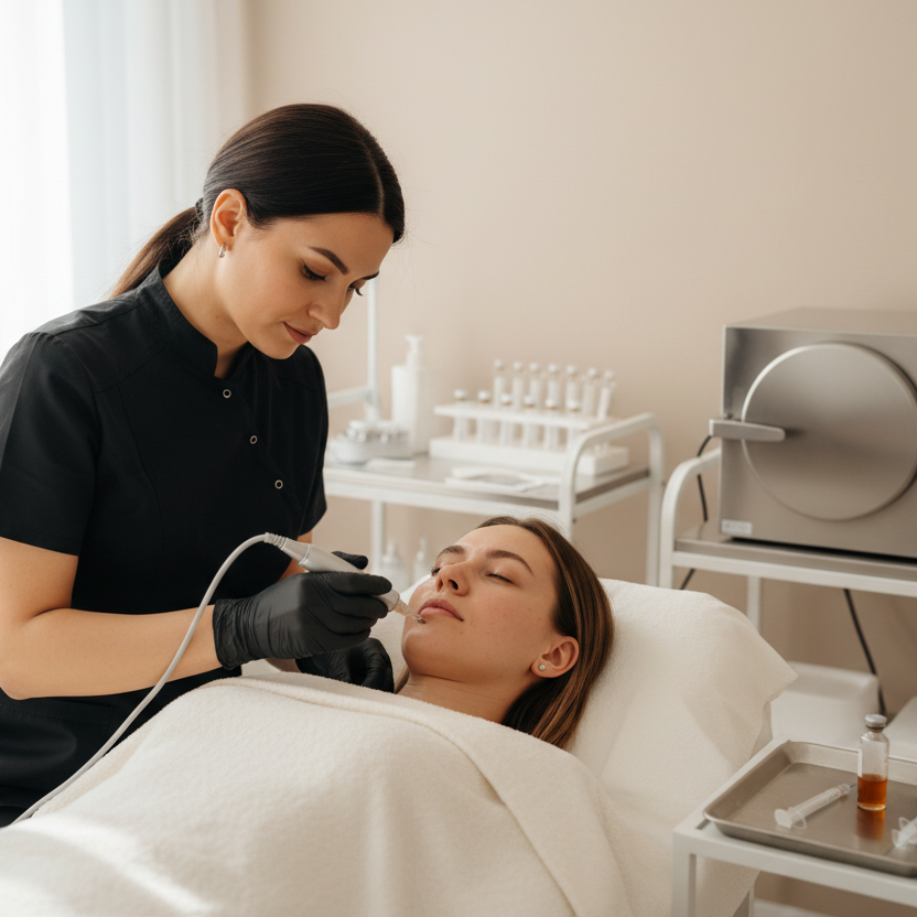 girl getting PRP micro needling in a nude office by a nurse in all black scrubs